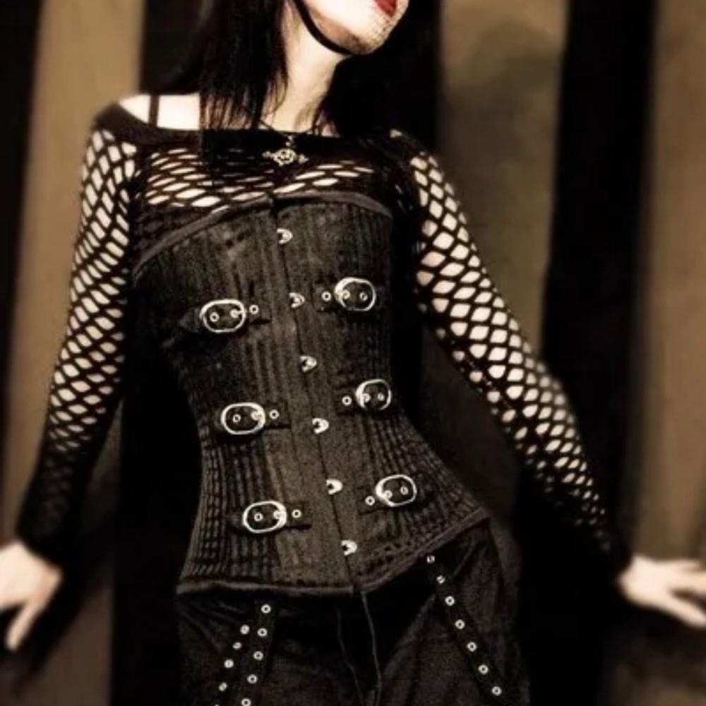 Heavy Red Couture Black Striation Buckle Over-Bust Corset Steel Boning L